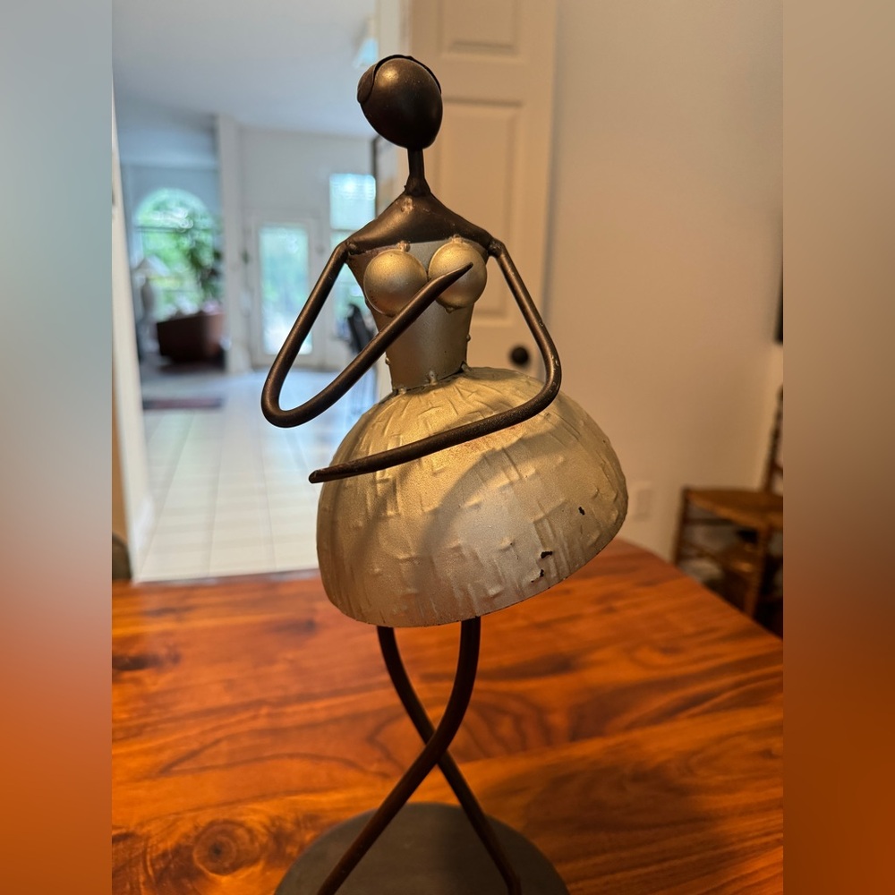 Vintage Metal Ballerina Figurine in Silver and Black - Decorative Home Art 16.5"